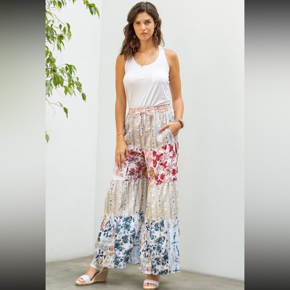 Young Threads Pants - Young Threads NWOT Boho Wide Leg Floral Pants with Tie & Elastic Waist